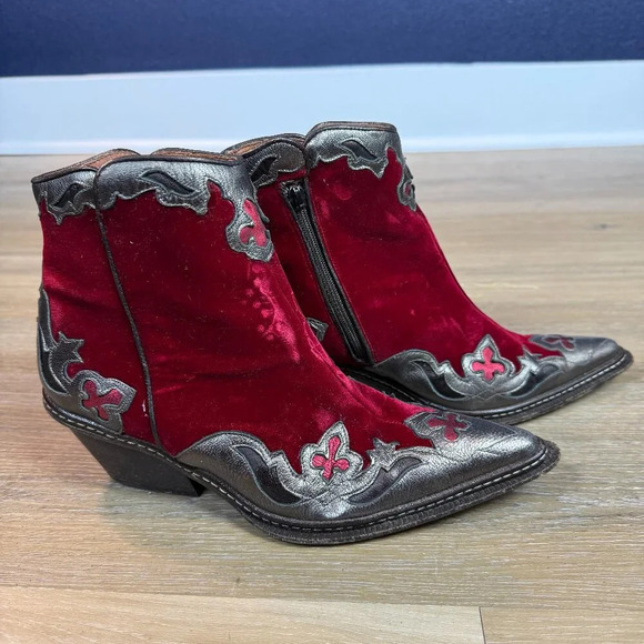 Donald J. Pliner Western Couture Boots, Red Velvet & Pewter Leather, Size 6.5 - Picture 1 of 7